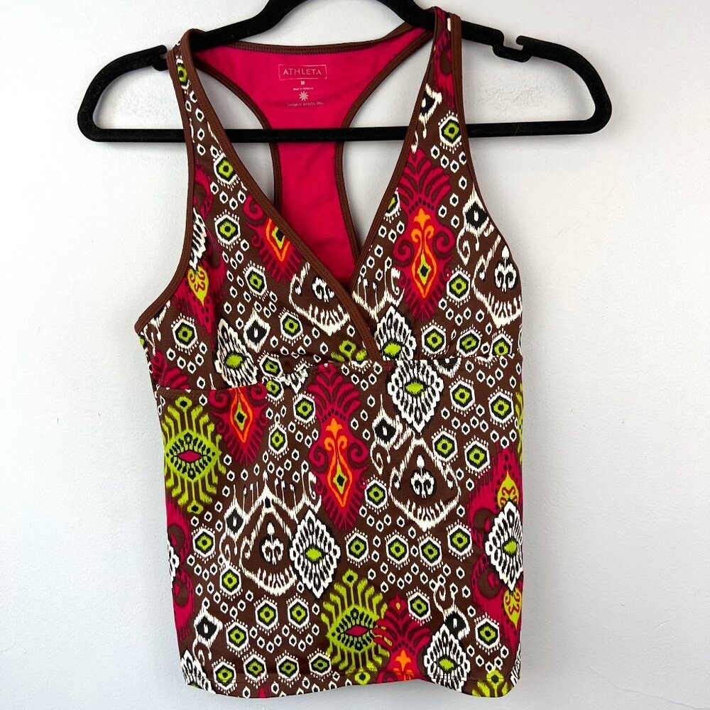 Athleta Brown Pink Print Tankini Racerback Top‎ Size M Activewear Yoga Surf
